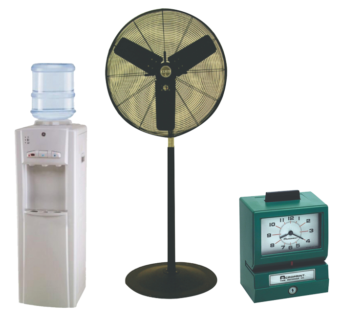 Ventiladores, enfriadores de agua y relojes checadores